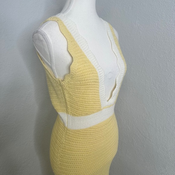 Fortunate One Yellow White Crochet Maxi Dress Lace Up Back Deep V Neck - Picture 6 of 10